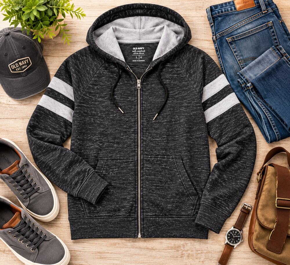 Old Navy Men’s L Dark Charcoal Varsity Stripe Full Zip Hoodie Soft Washed